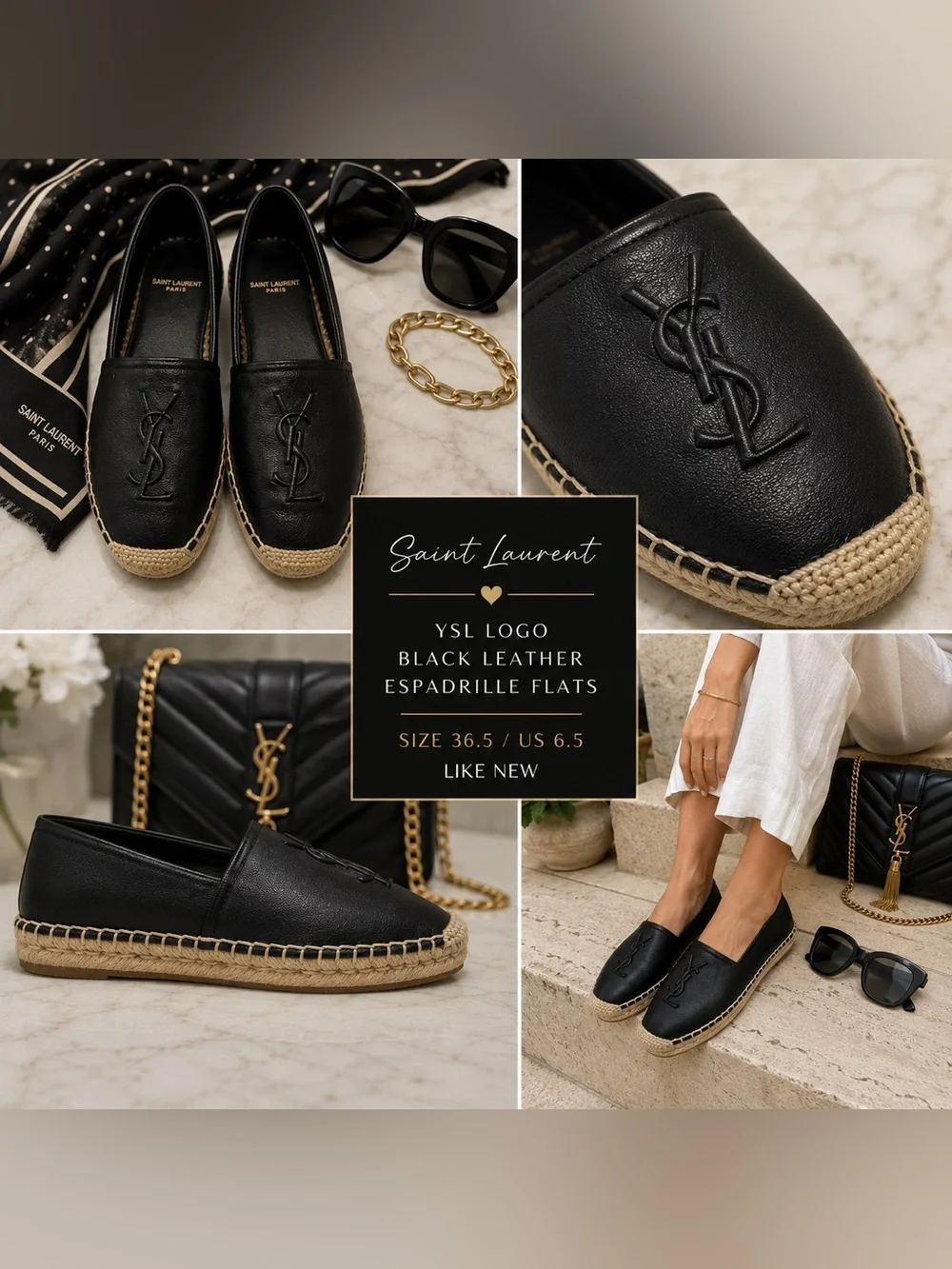 Saint Laurent Paris YSL Logo Black Leather Espadrille Flats 36.5